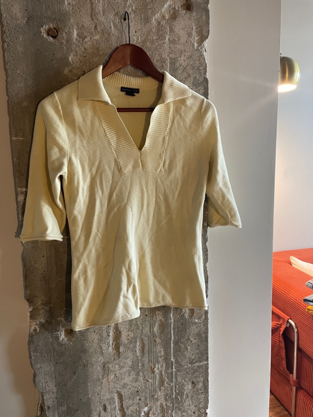 100% Cotton Tennis Top Collared V-Neck Quarter Sleeve Knit Top - Light Yellow